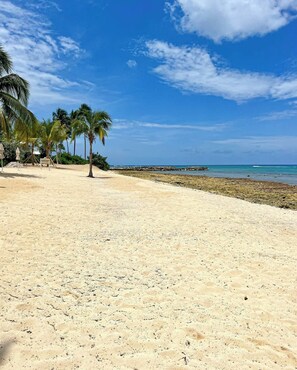 A sandy beach with palm trees and a clear blue sky. - Crescent Point Condo #9 - 3BR 7 Mile Beach Condo (George Town)