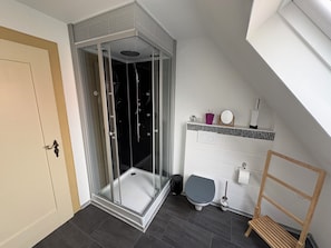 A modern bathroom with a glass-enclosed shower, a toilet, a bidet, and a wooden chair.