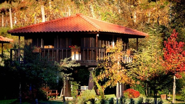 A wooden cabin with a red roof, surrounded by lush greenery and autumn foliage.