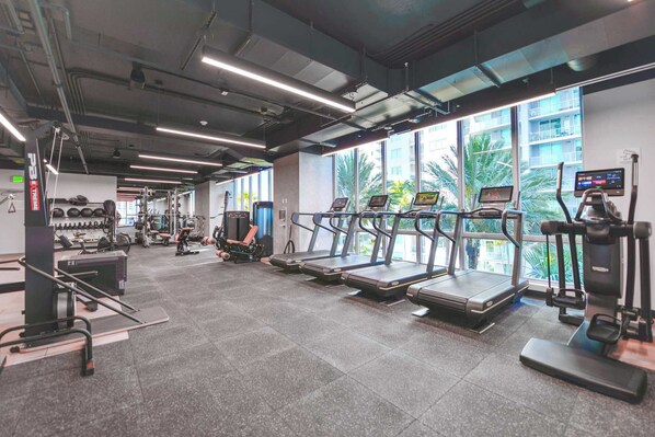 A gym with treadmills, weight machines, and a large window with a view of palm trees.