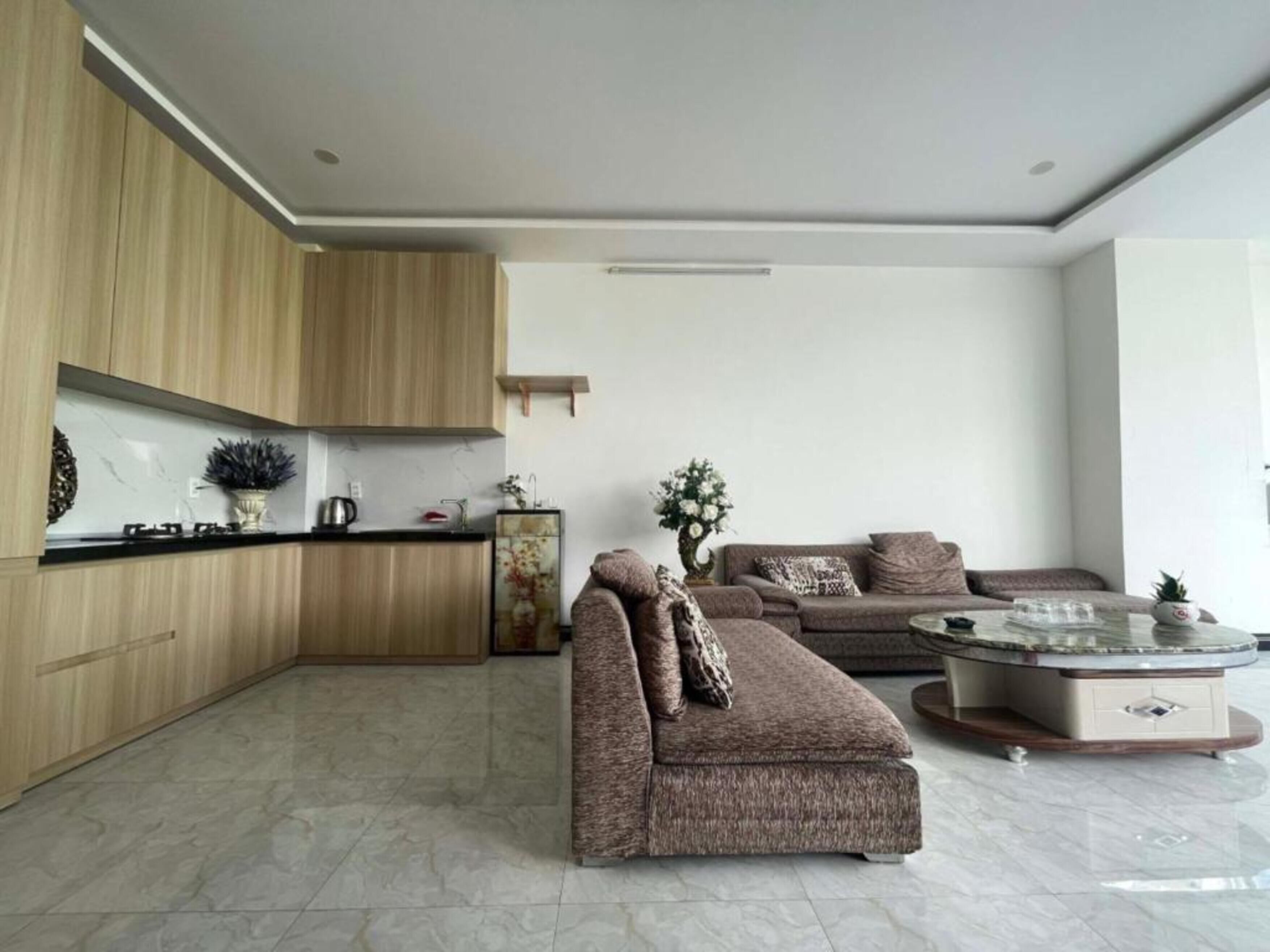 Een moderne woonkamer met een bank, een salontafel en een keukenhoek met houten kastjes en een marmeren aanrecht.