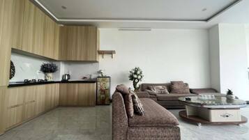 Een moderne woonkamer met een bank, een salontafel en een keukenhoek met houten kastjes en een marmeren aanrecht.