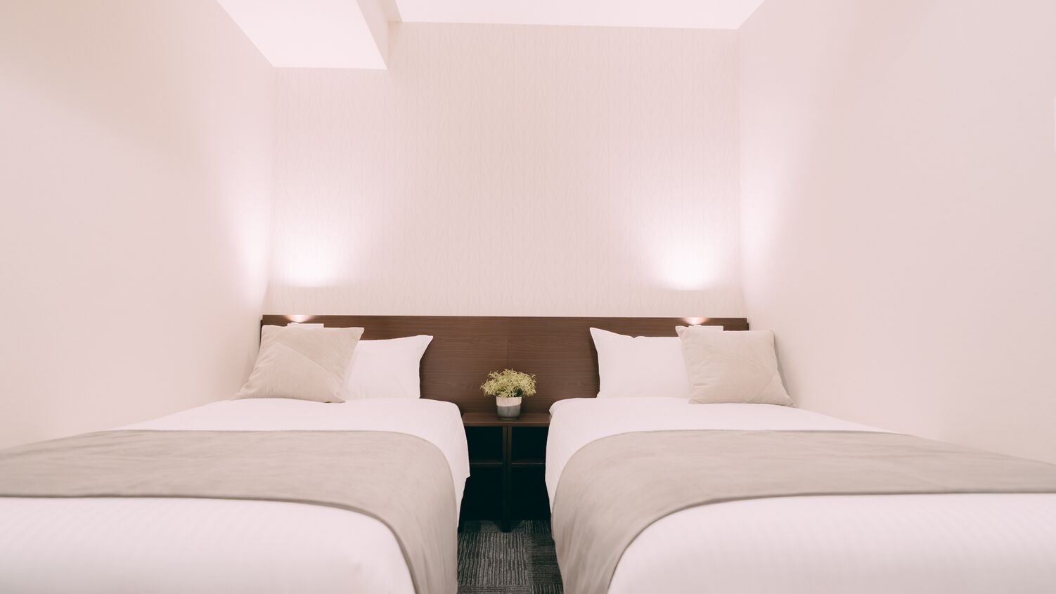 Habitación de hotel con dos camas, una mesita de noche con una planta y un cabecero de madera.