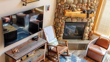 TV connectée, cheminée, livres, écrans d'ordinateur
