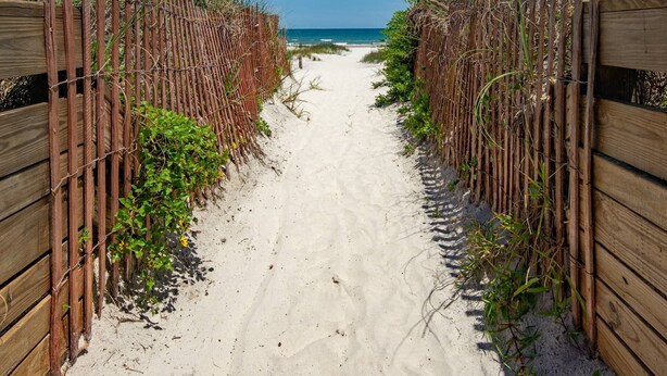 A sandy beach path flanked by wooden fences with vegetation growing between them. - Step out to Pool and Beach, Huge Patio, 2nd Pool Heated, Minutes to Downtown, $300 in Free Tickets! (St. Augustine Beach)