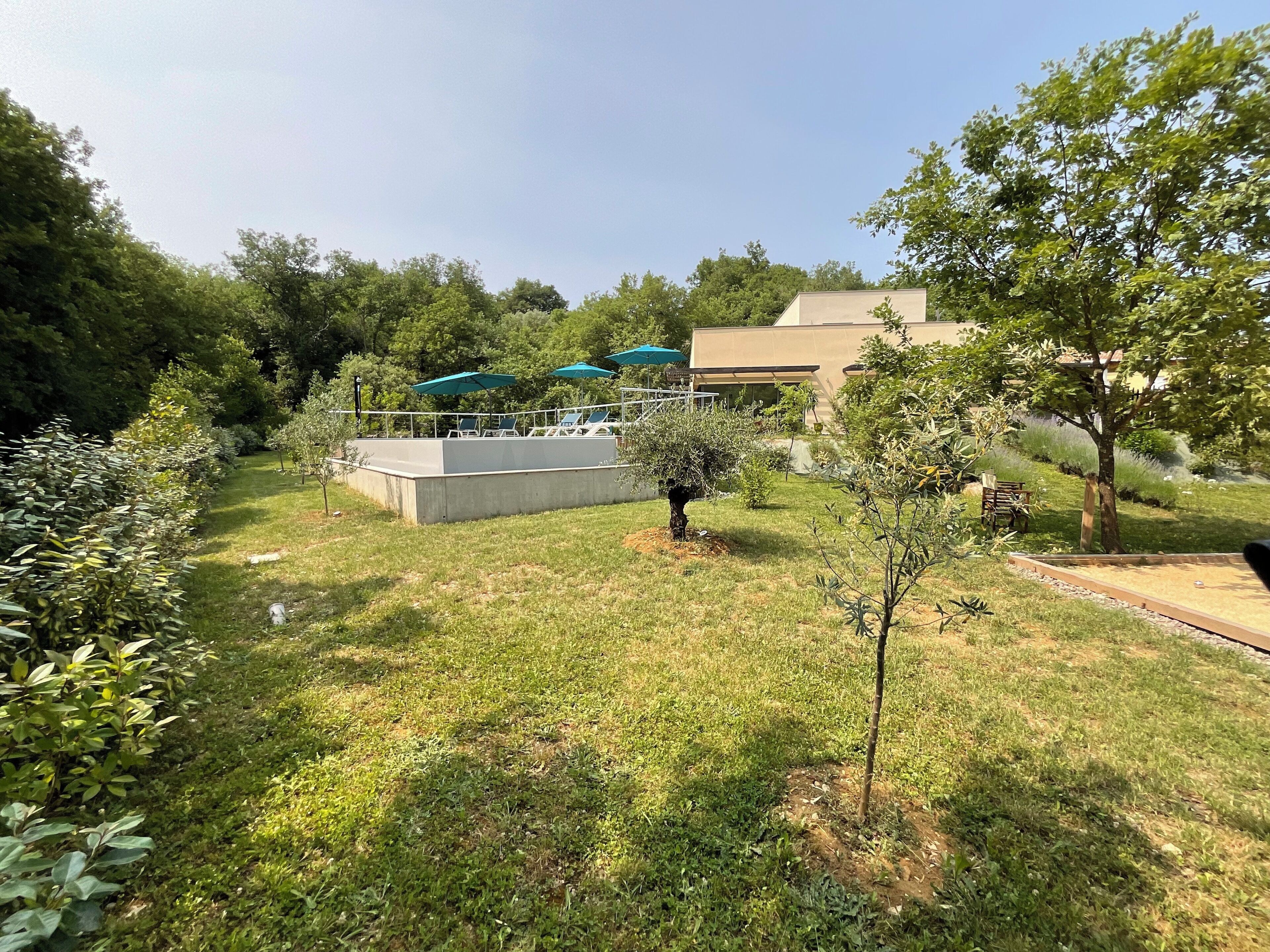 Ein Garten mit einer Betonkonstruktion, einem kleinen Baum und einem Gebäude im Hintergrund.