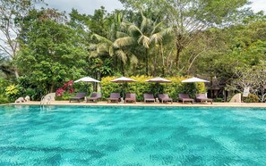Una piscina con agua azul cristalina, rodeada de abundante vegetación y palmeras. Varias sillas de descanso y sombrillas están a lo largo de la piscina.