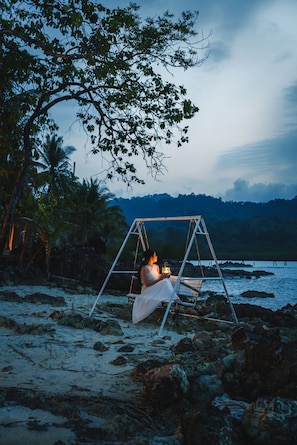 Private beach, white sand, free beach cabanas, sun-loungers