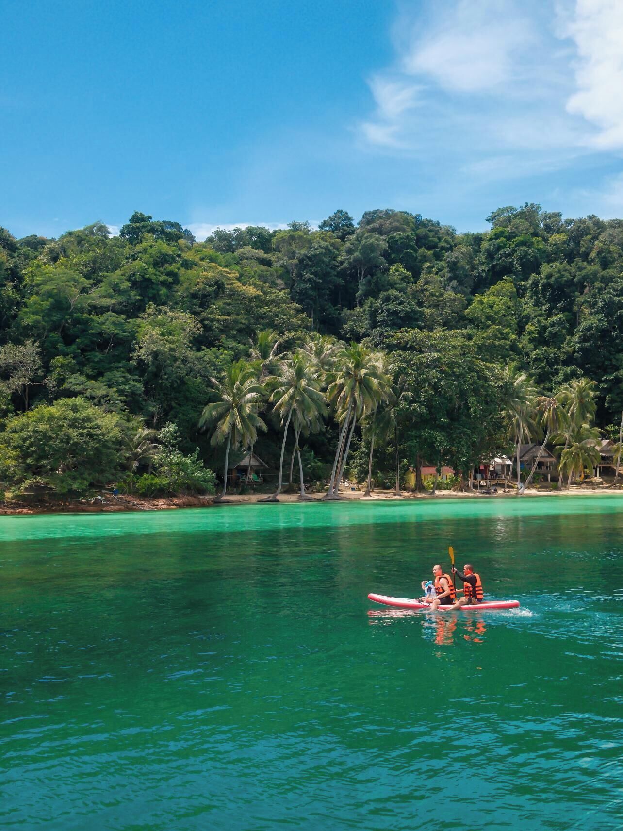 Una vista despejada de una playa tropical con abundante vegetación y un mar turquesa tranquilo.