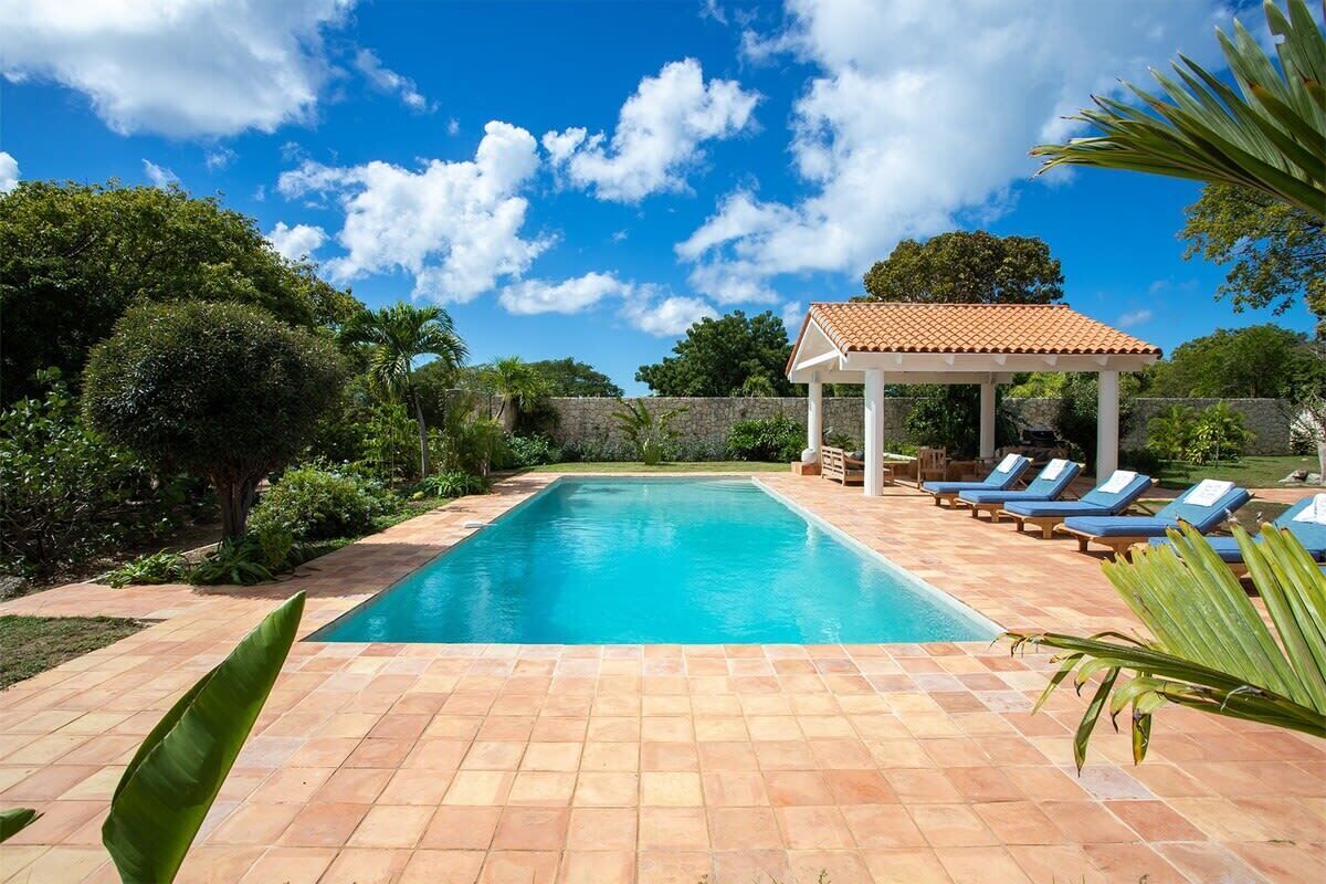 Una piscina rectangular con borde de baldosas, rodeada de exuberante vegetación y un cielo azul despejado.