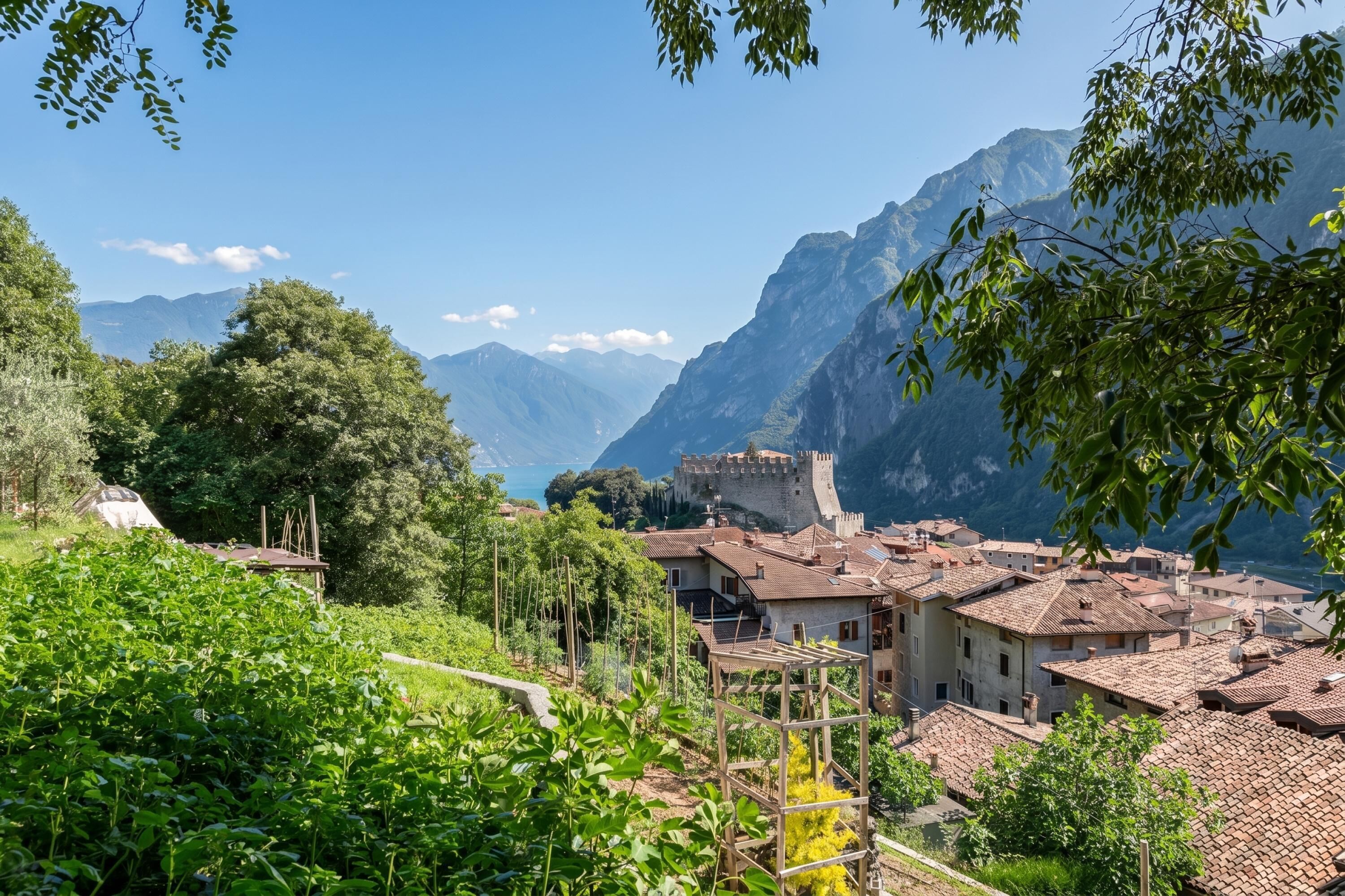 Un village de montagne aux bâtiments traditionnels, doté d’un château et offrant une vue dégagée sur le lac.