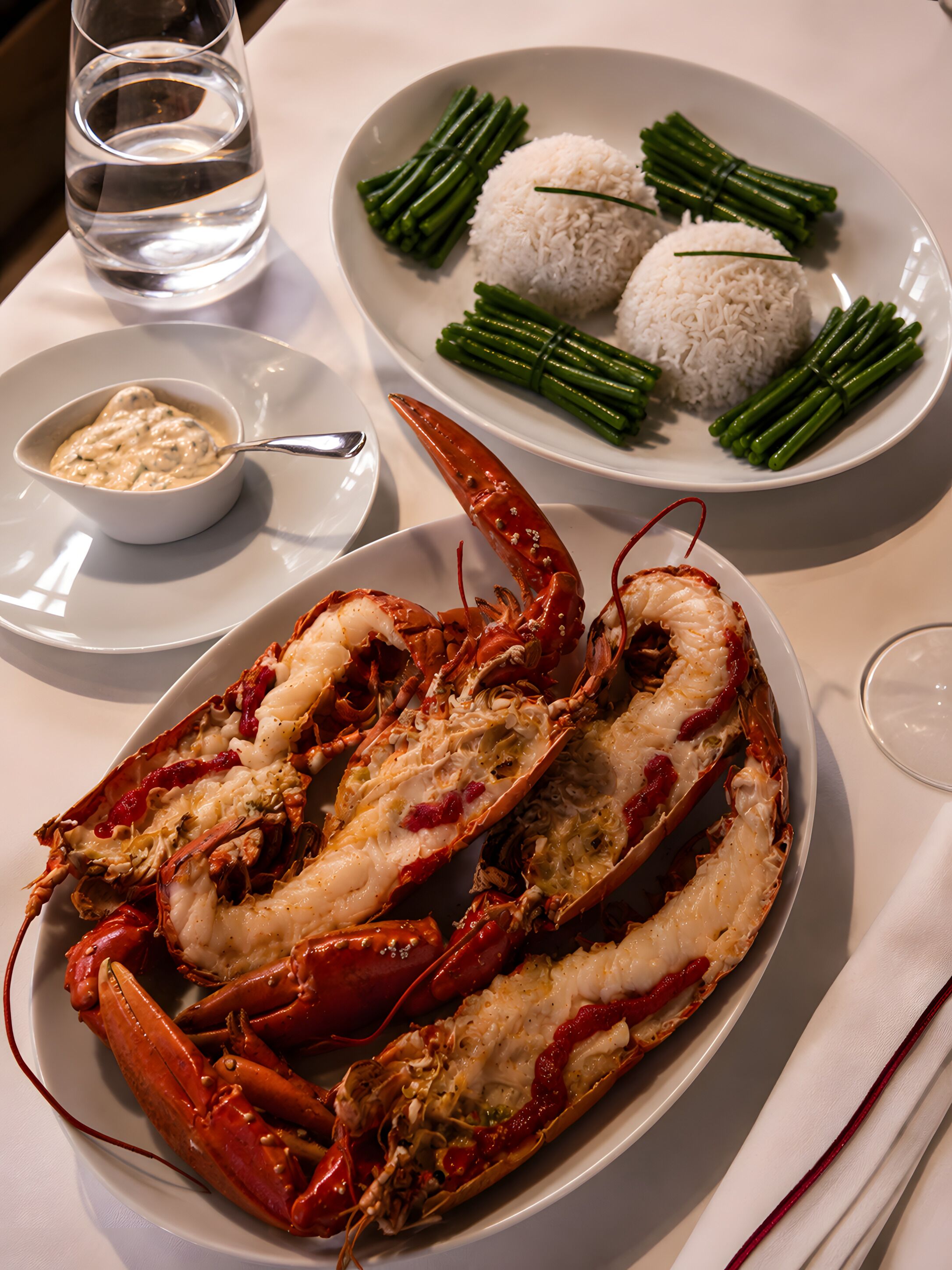 A dining table with a plate of lobster, a bowl of sauce, and a plate of rice and green beans.