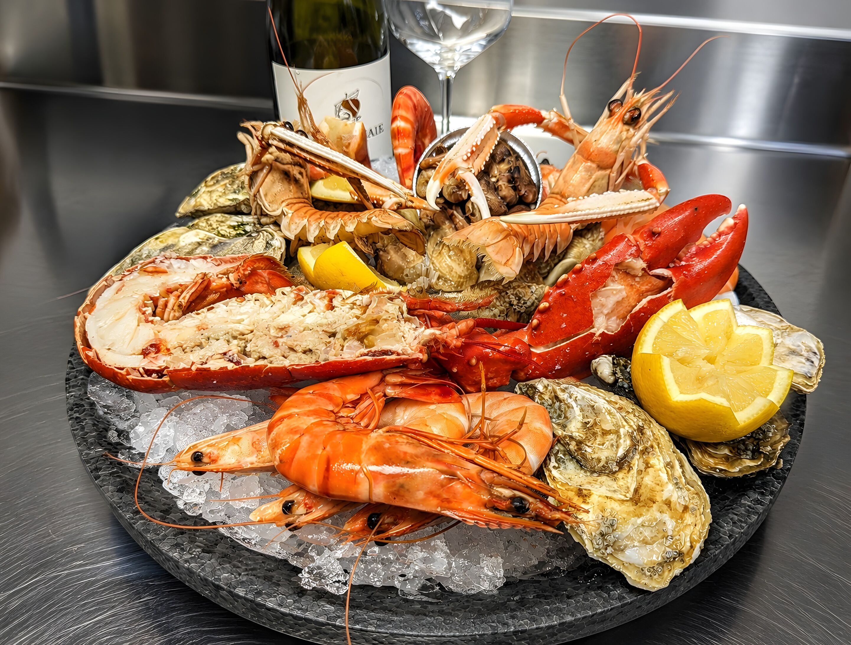 A seafood platter with various shellfish and a bottle of wine on a black slate plate.