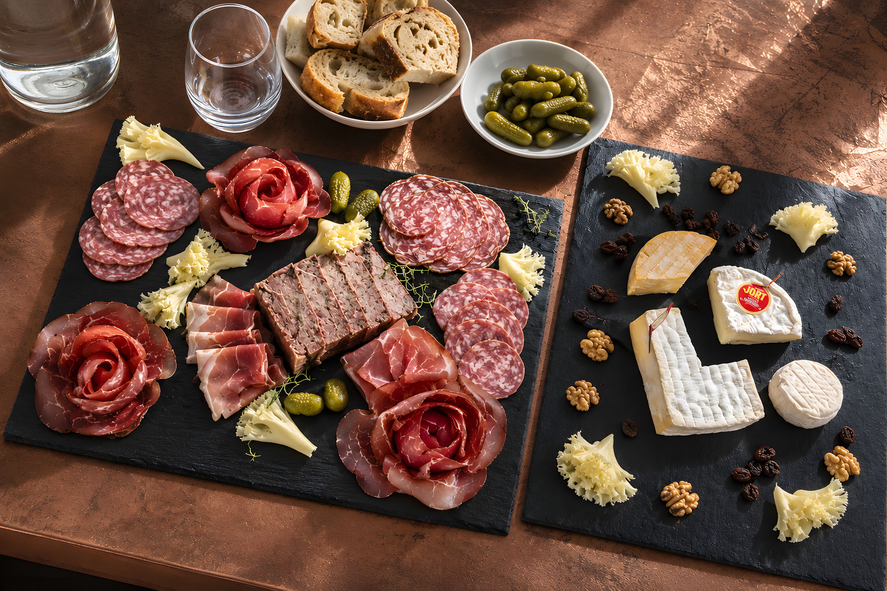 Una tabla de embutidos con diversos quesos, carnes y acompañamientos sobre una tabla de pizarra.