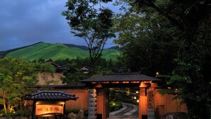 Une porte traditionnelle japonaise, avec un chemin de pierre qui la traverse, entourée d’une végétation luxuriante et de collines en arrière-plan.