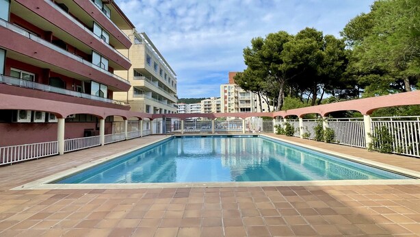 A swimming pool with a tiled deck, surrounded by a white fence and trees.