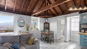 Een ruime woonkamer met een houten plafond, een grijze bank met gekleurde kussens, een eettafel met stoelen en uitzicht door grote ramen.