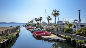 Un puerto deportivo con barcos amarrados a lo largo de una vía fluvial tranquila, rodeado de palmeras y un cielo despejado.