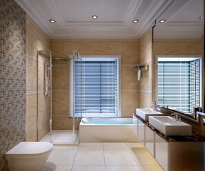 Penthouse Luxe | Salle de bain | Baignoire et douche séparées, baignoire relaxante profonde
