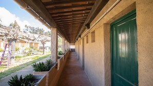 Un pasillo cubierto con una puerta verde, plantas en macetas y vistas al exterior.