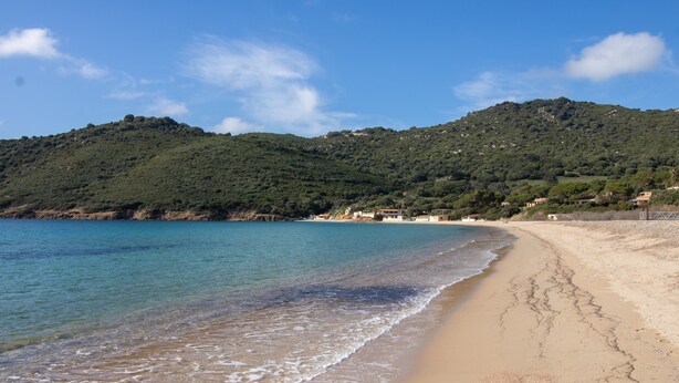 A beach with clear water, sandy shore, and a hill with buildings in the background.