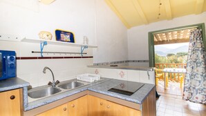 A kitchen with a double sink, wooden cabinets, a countertop, and a view of the outdoors through a door. - Apartment 'Le Tre' with Sea View, Wi-Fi, and Air Conditioning (Appietto)