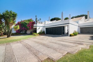 Une maison moderne avec une allée pavée, un garage et un jardin bien entretenu, agrémenté de diverses plantes et fleurs.