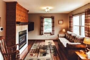 Smart TV, fireplace, books