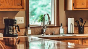 A kitchen with wooden cabinets, a coffee maker, a sink, a potted plant, and a paper towel holder. - Romantic Cabin | King Bed | Hot Tub | Spring Vibes (Rockbridge)