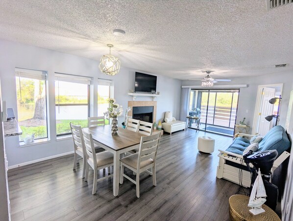 Smart TV, fireplace, books