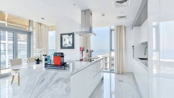 Grand Apartment, 2 Bedrooms, Sea View, Beachfront | Private kitchen | Full-sized fridge, microwave, oven, stovetop