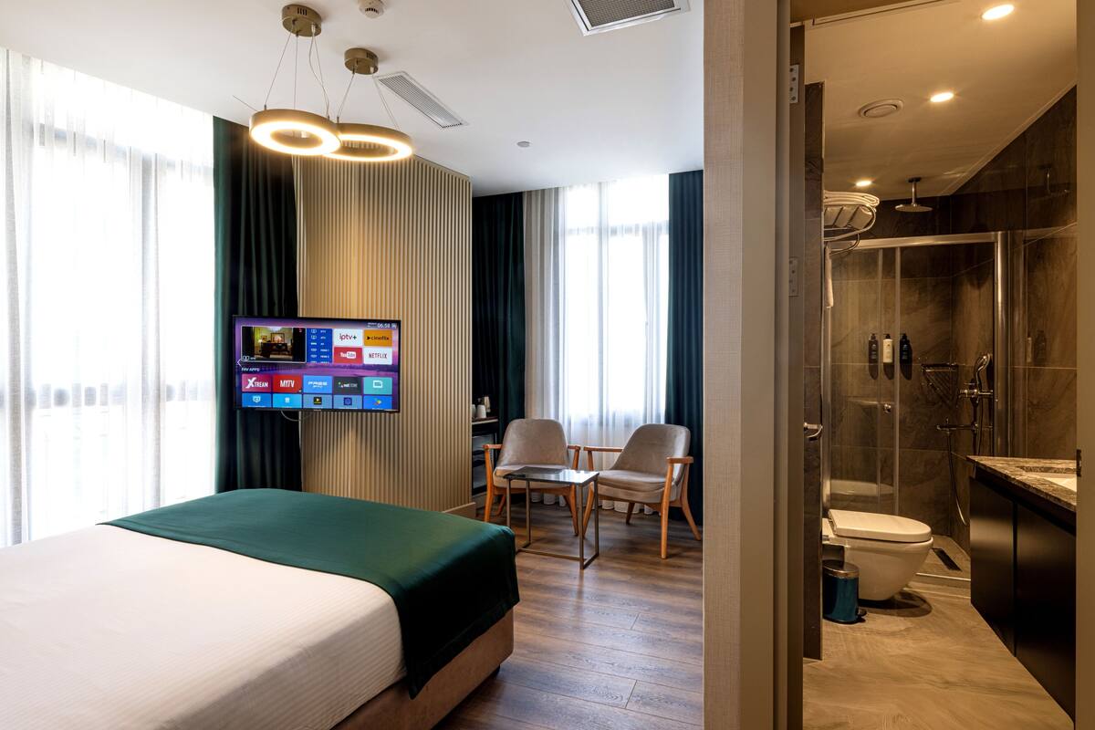 Habitación de hotel con cama, televisor montado en la pared, escritorio con dos sillas y zona de ducha.