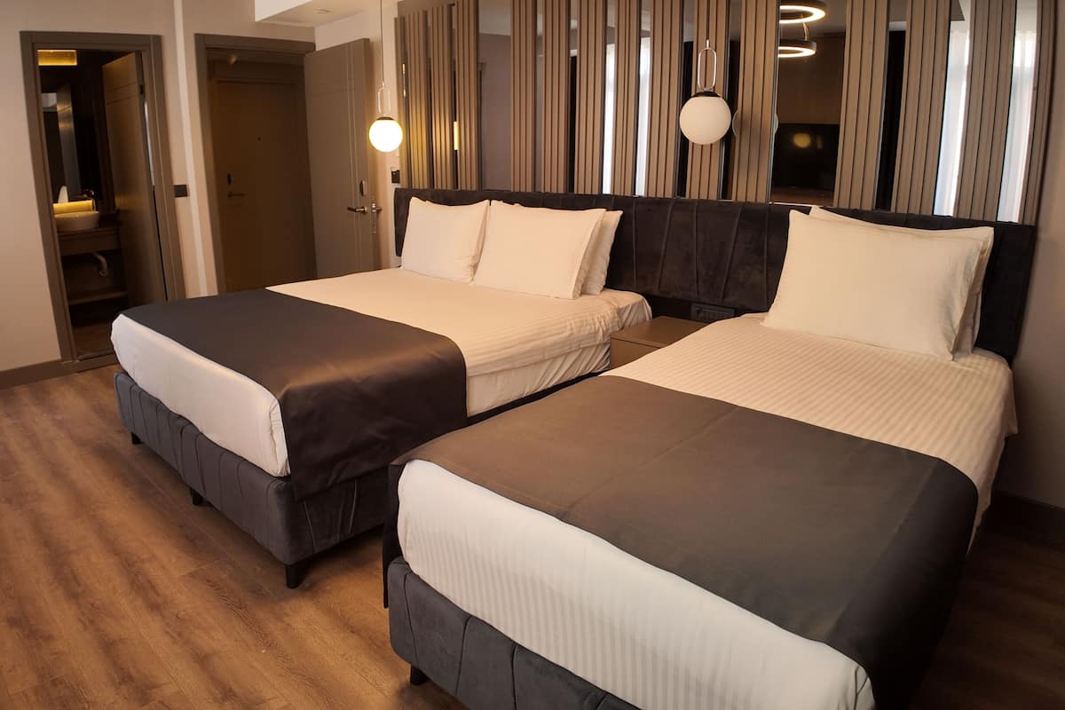 Habitación de hotel con dos camas, suelo de madera, armario y espejo.