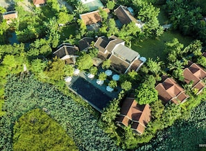 Vista aérea de un barrio residencial con varias casas, una piscina y abundante vegetación.