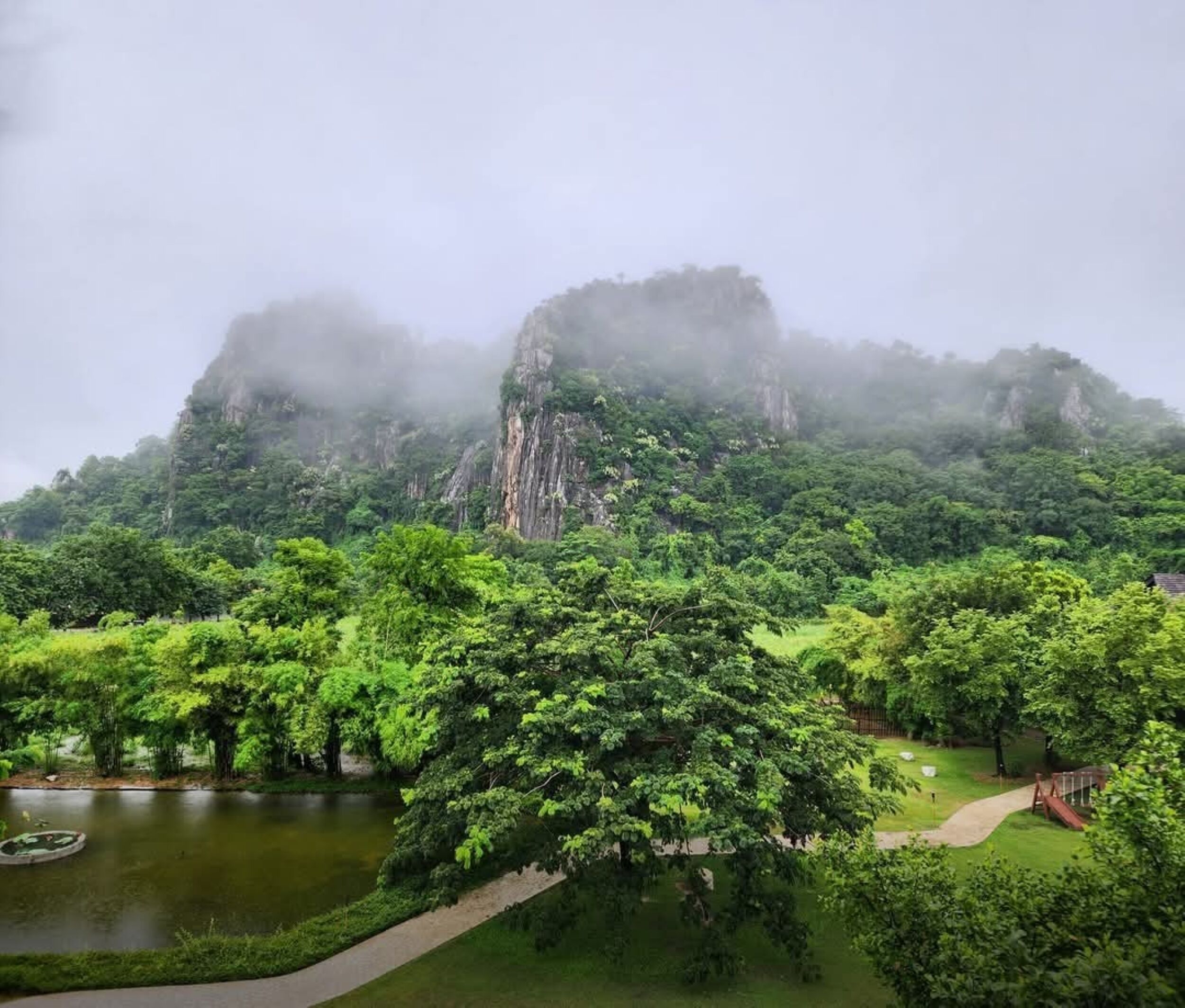 Un paisaje verde y exuberante con un estanque, un sendero y una gran formación rocosa al fondo.