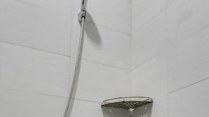 Een douche met een handdouche en een douchekop.
