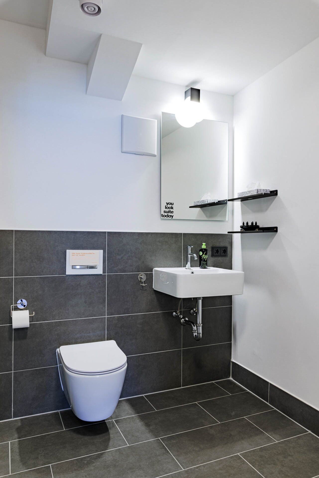 A modern bathroom with a white toilet, a white sink, and a mirror above the sink.