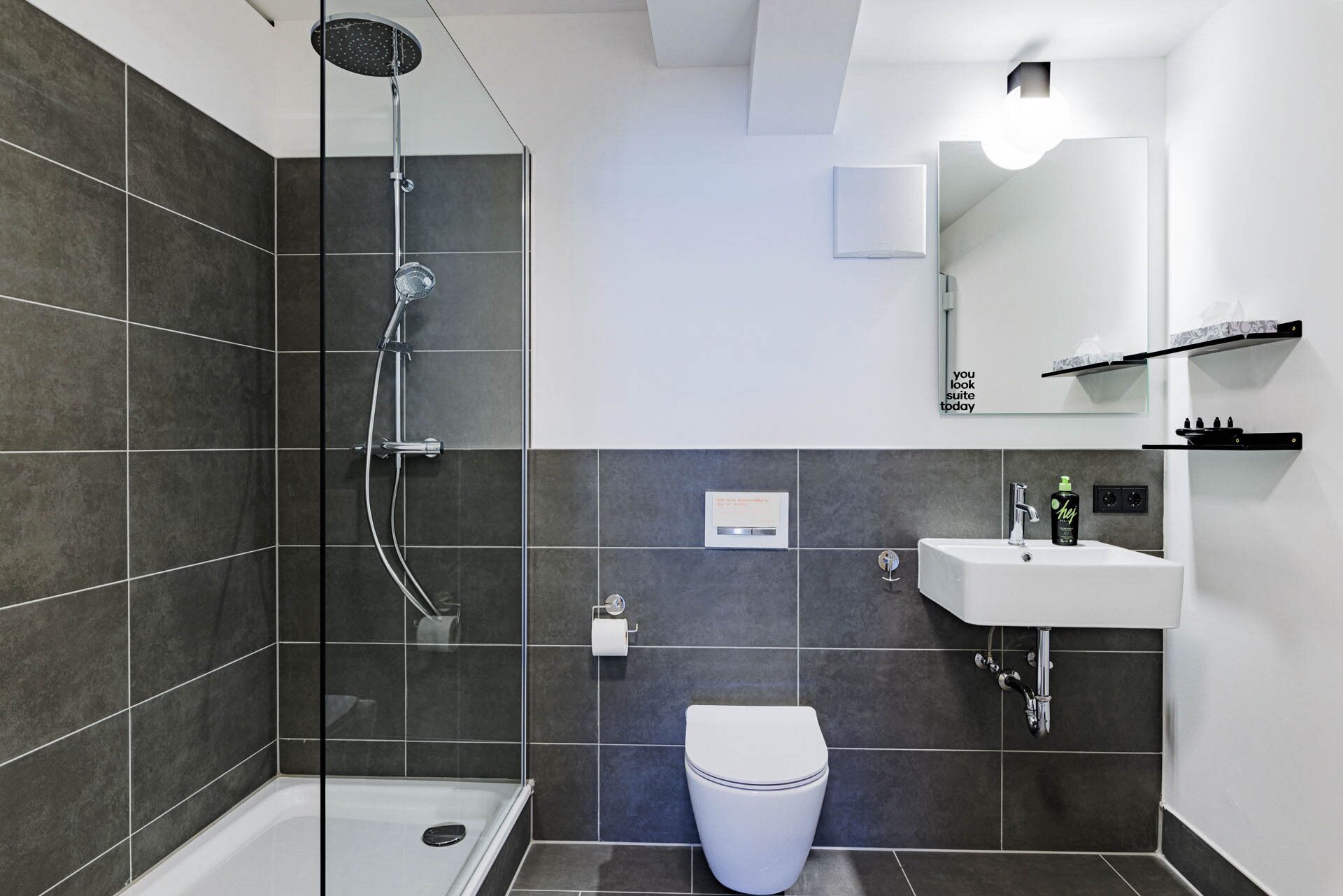 Et moderne badeværelse med bruser, toilet og håndvask.