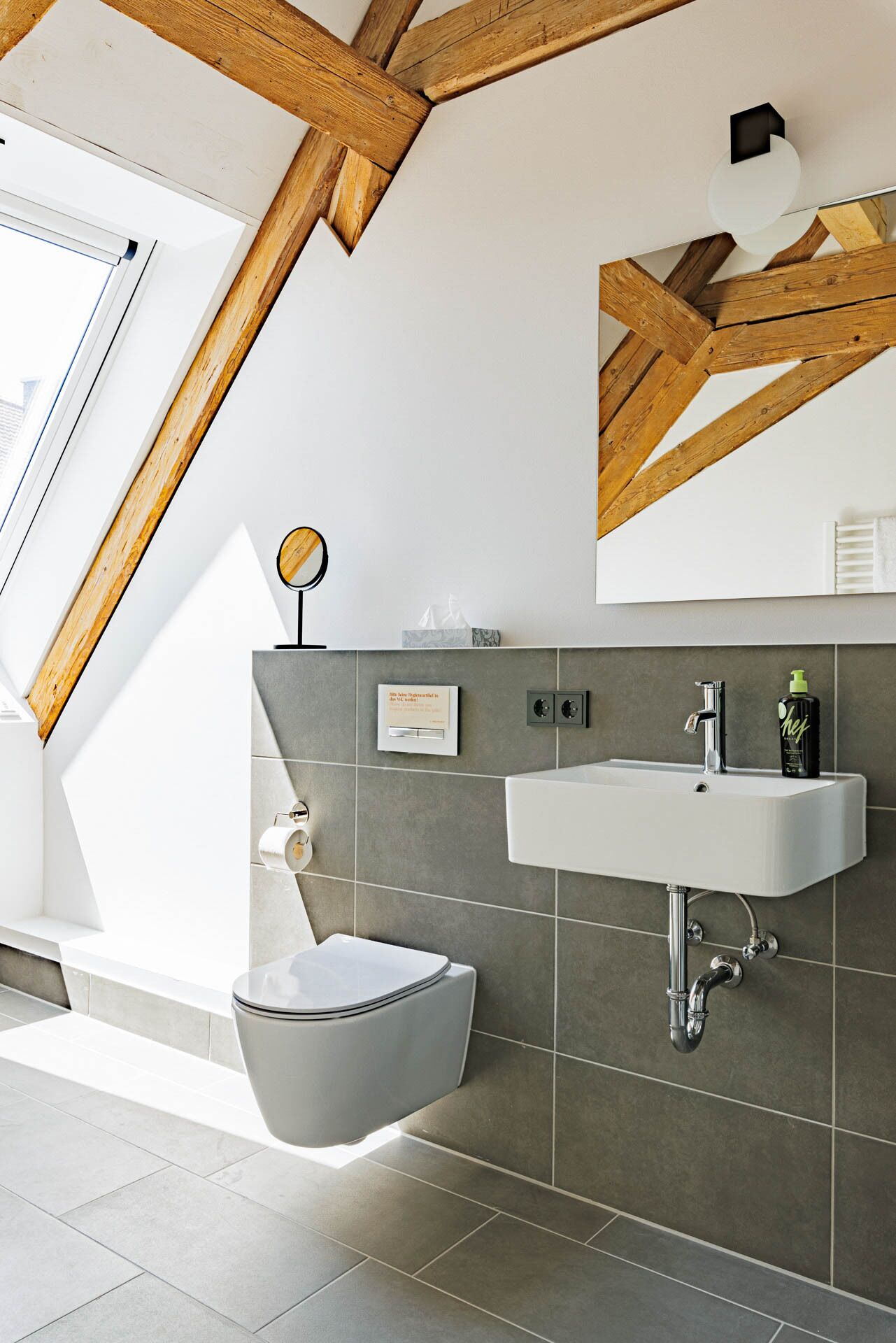 A modern bathroom with a skylight, a toilet, a sink, and a mirror.