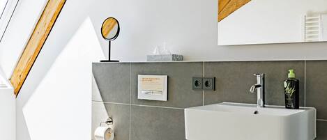 A modern bathroom with a skylight, a toilet, a sink, and a mirror.