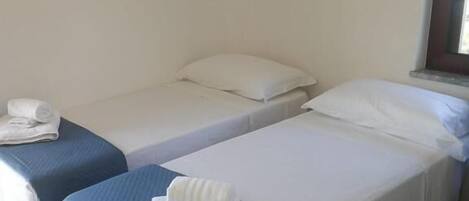 Una habitación con dos camas individuales, cada una con una manta azul y almohadas blancas, y suelo de madera.