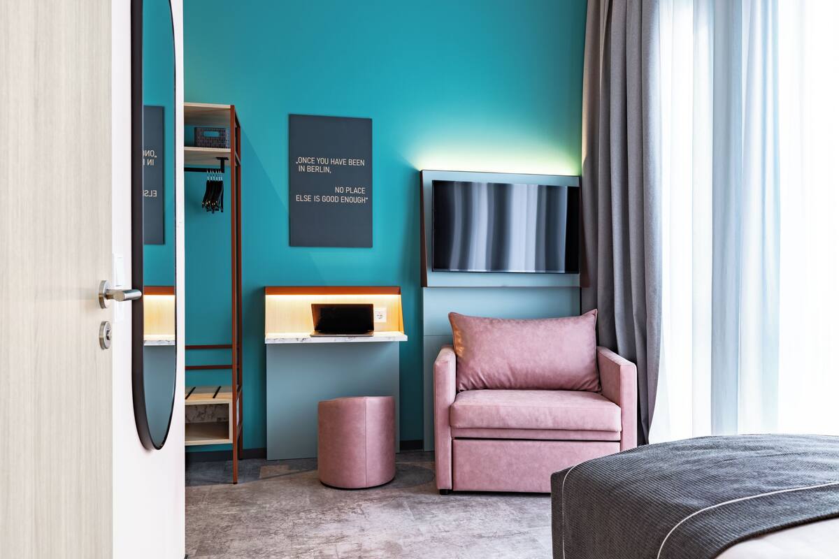 In-room safe, desk, laptop workspace, blackout curtains