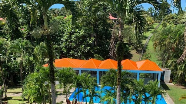 Et resort med swimmingpool, palmer og en bygning med orangerødt tag.
