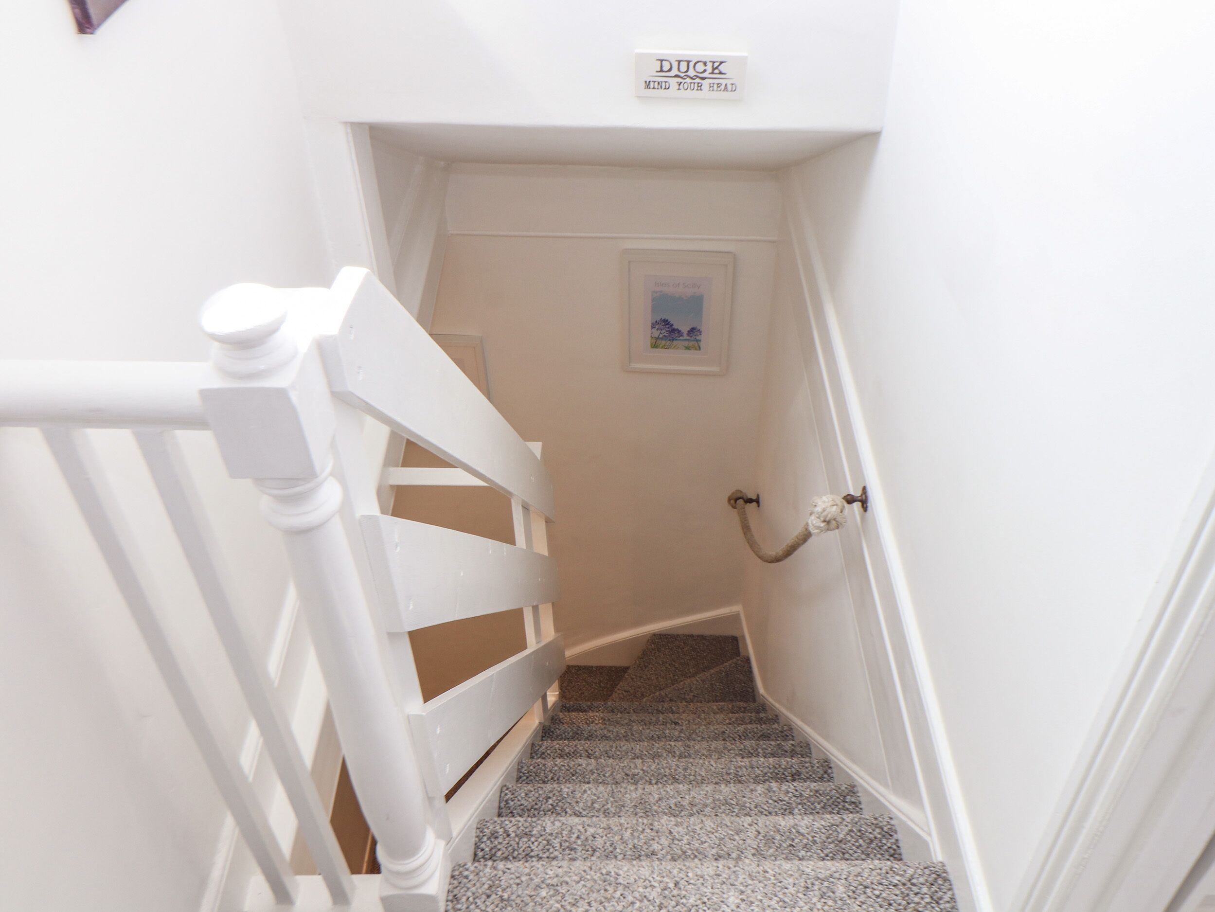 A white staircase with a handrail and a door at the top.