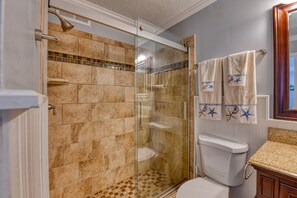 Bathroom features a glass-enclosed shower, toilet, and sink with a vanity and mirror.