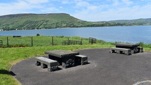 A scenic lakeside area with picnic tables and a fence.