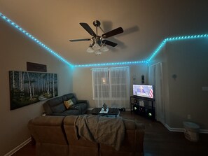 Smart TV, chimenea, videojuegos y reproductor de DVD 