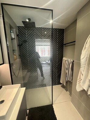 Basic-Apartment, 1 King-Bett und Schlafsofa | Badezimmer | Dusche, Handtücher, Seife, Shampoo