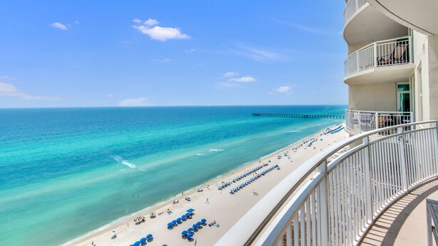 A beachfront hotel balcony with a view of the ocean and beach. - Full Remodel 2023 - 2 Free Sets of Beach Chairs! (Panama City Beach)
