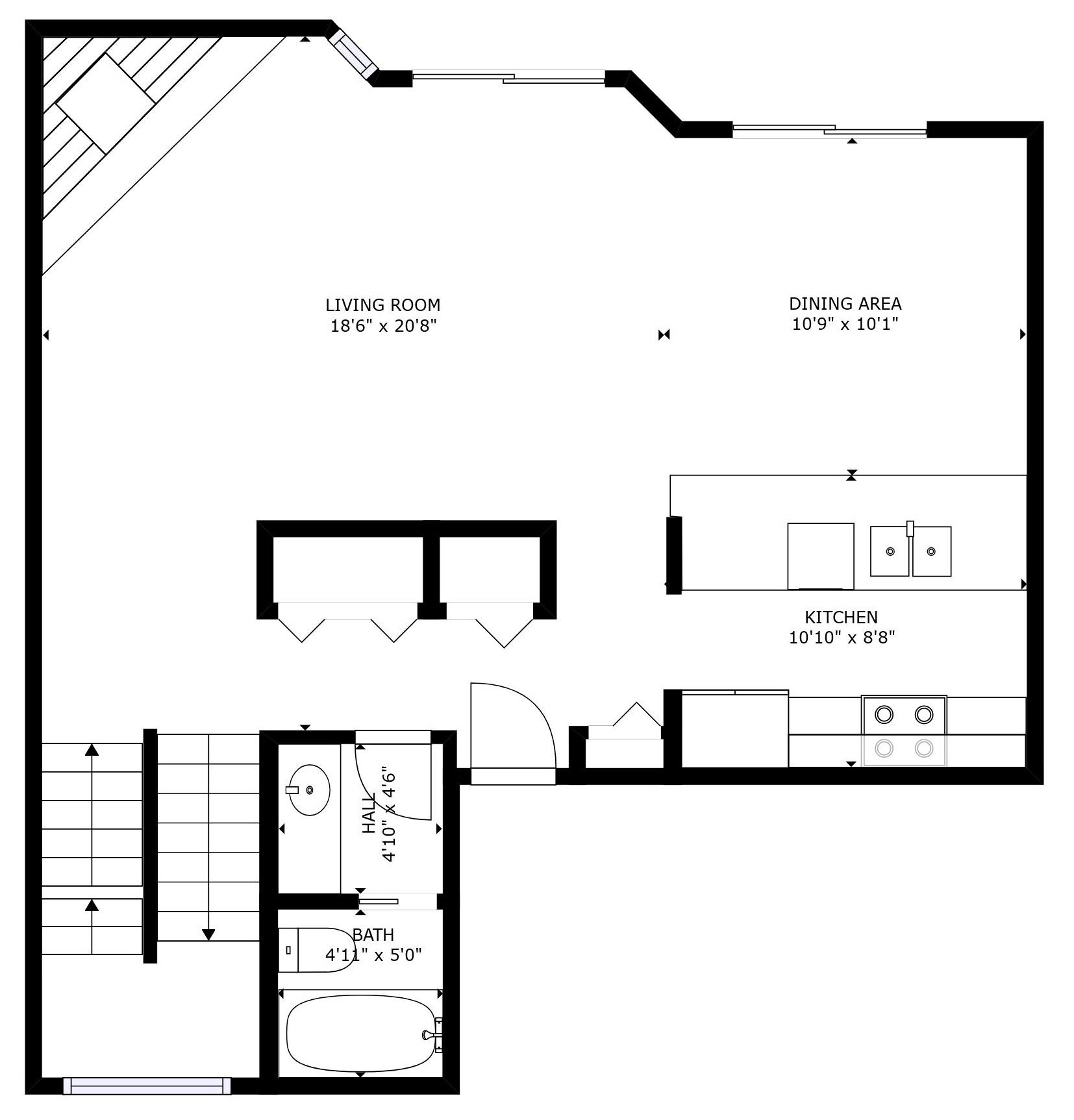 Een plattegrond met een woonkamer (5,6 x 6,2 meter), eetgedeelte (3,3 x 3,0 meter), keuken (3,3 x 2,4 meter), hal (1,4 x 1,2 meter) en badkamer (1,4 x 1,5 meter).
